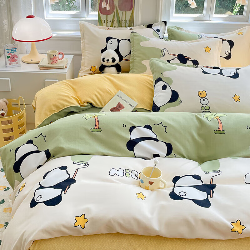 软贝小清新四件套 透气亲肤印花卡通简约田园风被套床单款套件 活力熊 2.0m 床单款 四件套（被套200*230cm）