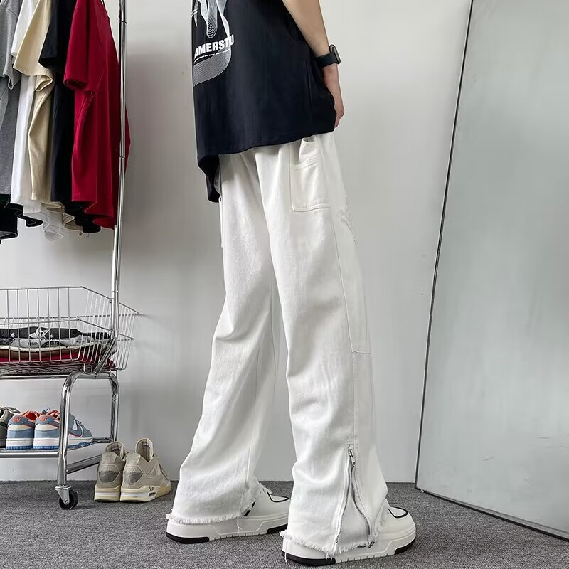 迪伽达裤子男春秋修身牛仔裤男美式vibe长裤痞帅开叉直筒休闲微喇裤男装 CHFS-C1062白色 常规 S 【建议90-105斤】