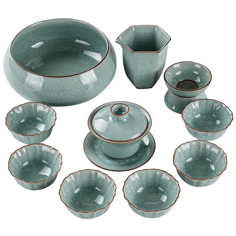 京峰閣 高端茶具整套 汝窯冰瓷冰花滿心蓋碗茶杯商務(wù)家用開業(yè)送禮套裝 汝窯冰瓷冰花滿心套組