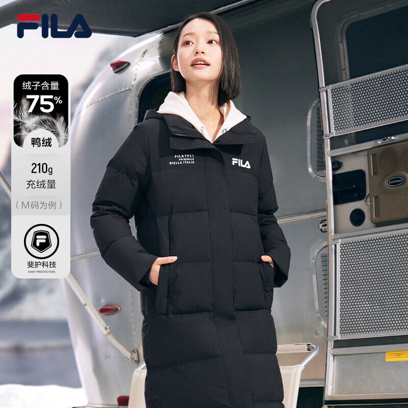 斐乐（FILA）斐乐官方女士长款羽绒服冬季休闲简约连帽加厚大衣女装外套 正黑色-BK L 170/88A