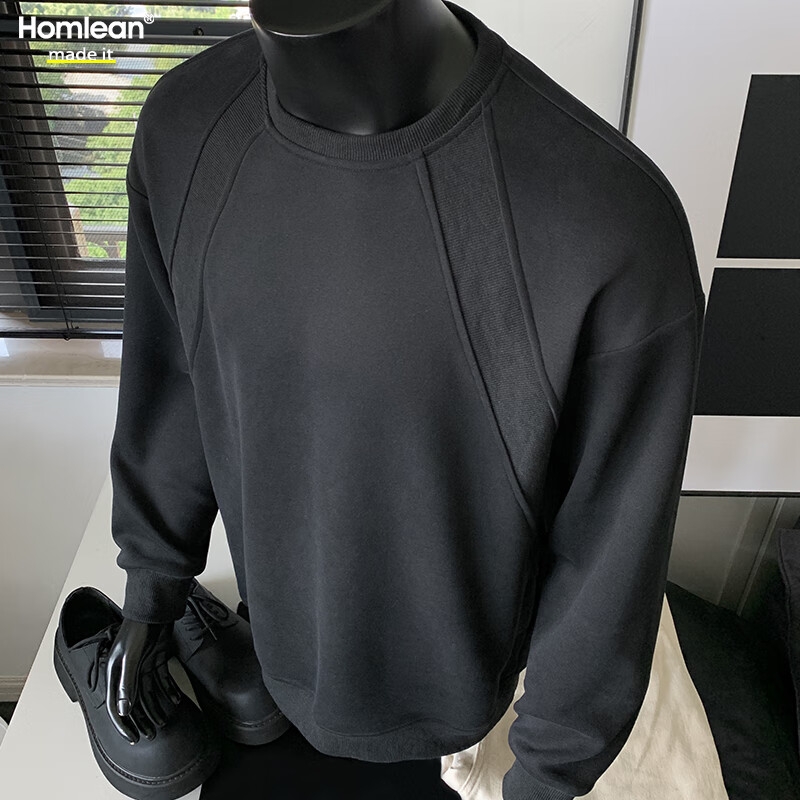 Homlean纯色简约卫衣男秋季设计感宽松百搭休闲长袖t恤打底衫HW27黑色3XL