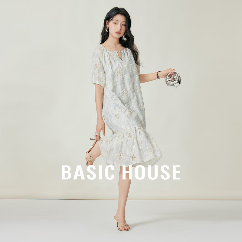 百家好（Basic House）Basic House/百家好莱赛尔镂空拼接连衣裙夏季新款提花星星中长裙 蓝色 M