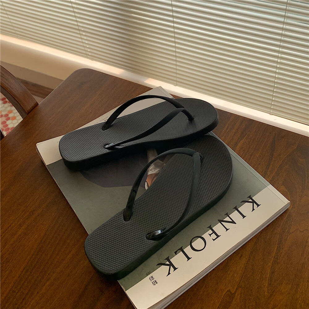 细细条（XIXITIAO）休闲男女夹脚凉拖鞋日系简约纯色百搭情侣夏人字拖沙滩鞋 黑色【简约纯色款】 40 【标准码】