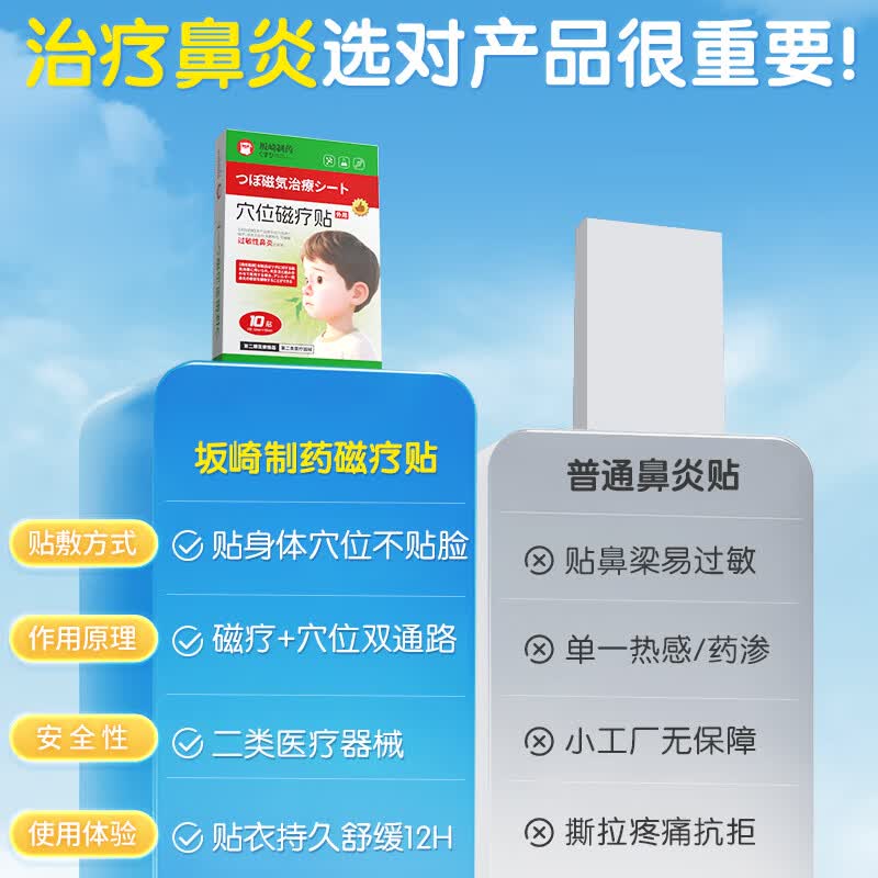 坂崎制药鼻炎贴过敏性鼻炎急慢性鼻窦炎儿童鼻塞鼻痒通鼻神器穴位磁疗贴 鼻炎专用一盒试用装【10贴 缓解鼻塞】 10贴/盒
