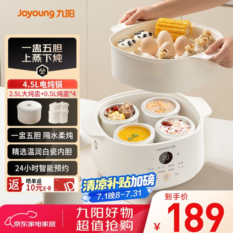 九阳（Joyoung）电炖盅 电炖锅 隔水炖煮 家用煮粥煲汤锅燕窝炖盅4.5L白瓷内胆炖汤锅上蒸下炖DG25G-GD188