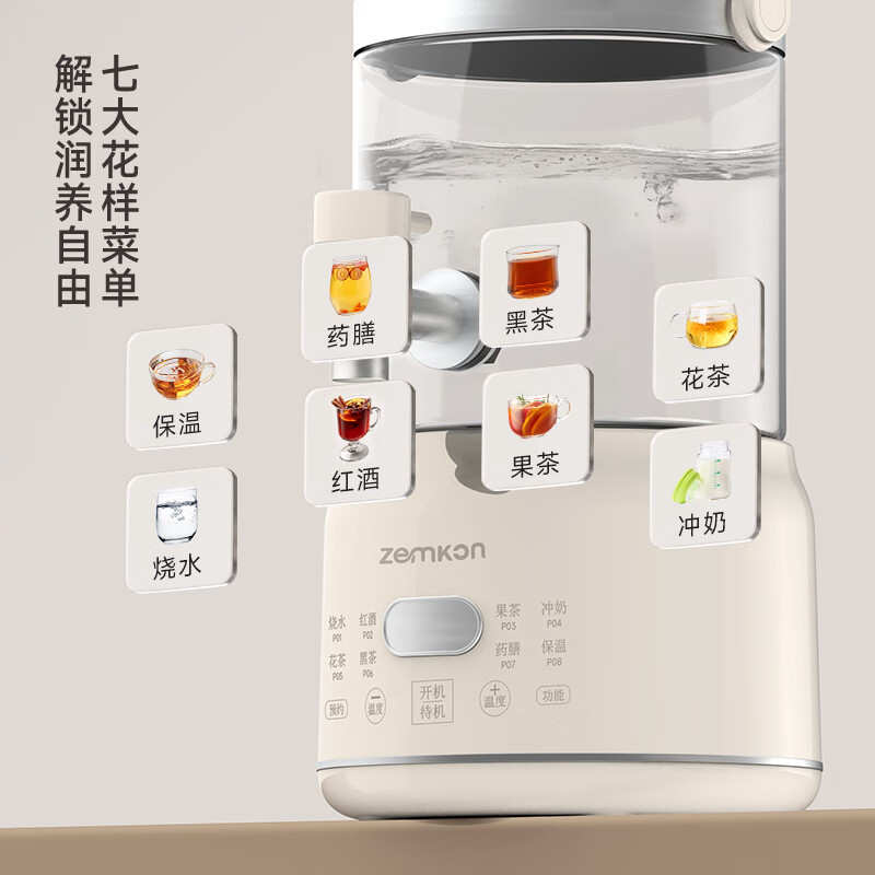 zemkon德国烧水壶多功能养生壶电热水壶恒温壶煮茶壶花茶煮红酒冲咖啡茶壶多功能煮茶器 米白色 3L (配滤网-316不锈钢发热盘)