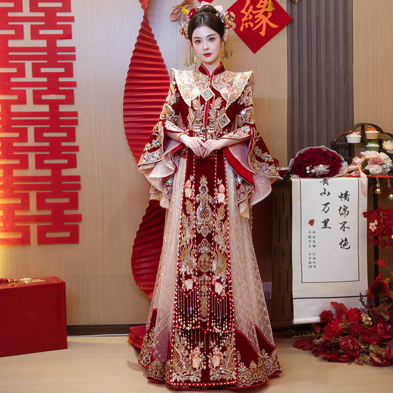 勤馳秀禾服新娘2025小個子夏季中式嫁衣25春新款出閣服鳳冠霞披龍鳳褂 重工秀禾服 S 均碼