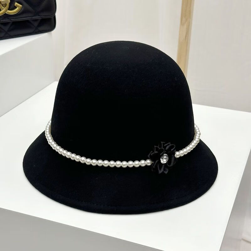 【优选直发】珍珠花朵毛呢渔夫帽子女秋冬法式复古显脸小盆帽优雅 珍珠花朵-黑色 M（56-58cm 京东折扣/优惠券