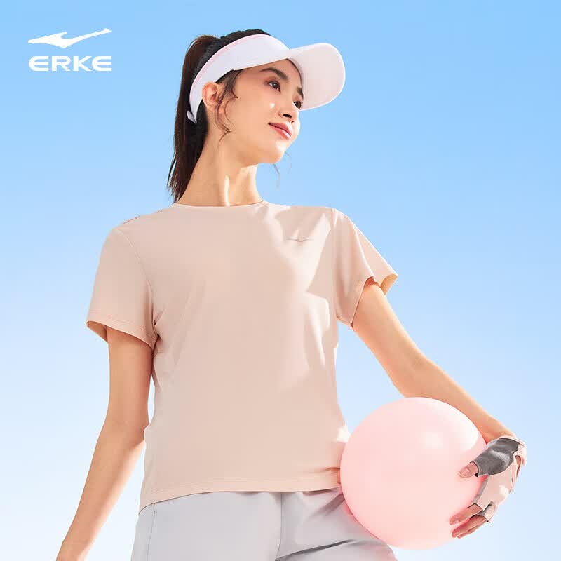 鸿星尔克（ERKE）短袖t恤女夏季新款女士跑步上衣羽毛球运动服冰丝速干衣 鲑鱼粉 XL