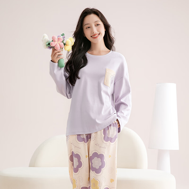 芬腾睡衣女100%纯棉秋新款亲肤圆领长袖花卉休闲家居服套装可外穿 浅紫 2XL