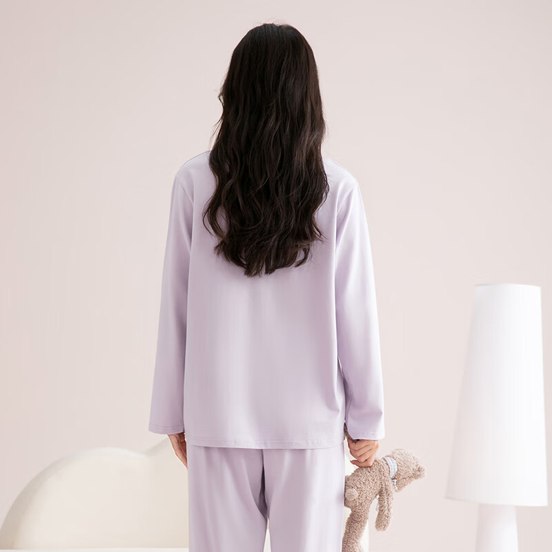 芬腾睡衣女100%纯棉2025秋季新款撞色V领小熊外穿柔软长袖家居服套装 浅紫 L