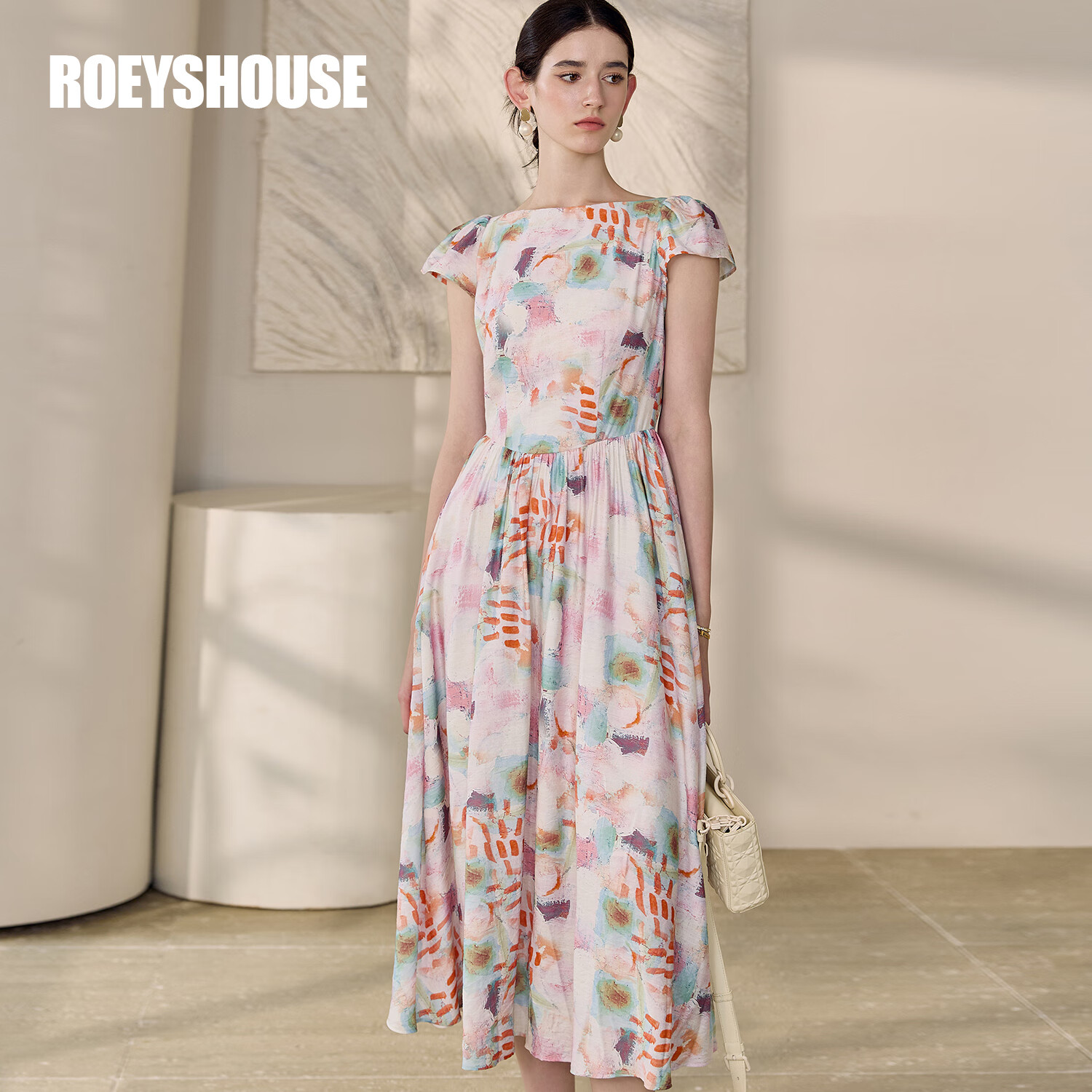 ROEYSHOUSE罗衣优雅法式印花连衣裙女2025夏季新款时尚一字领大摆裙12281 花色 S