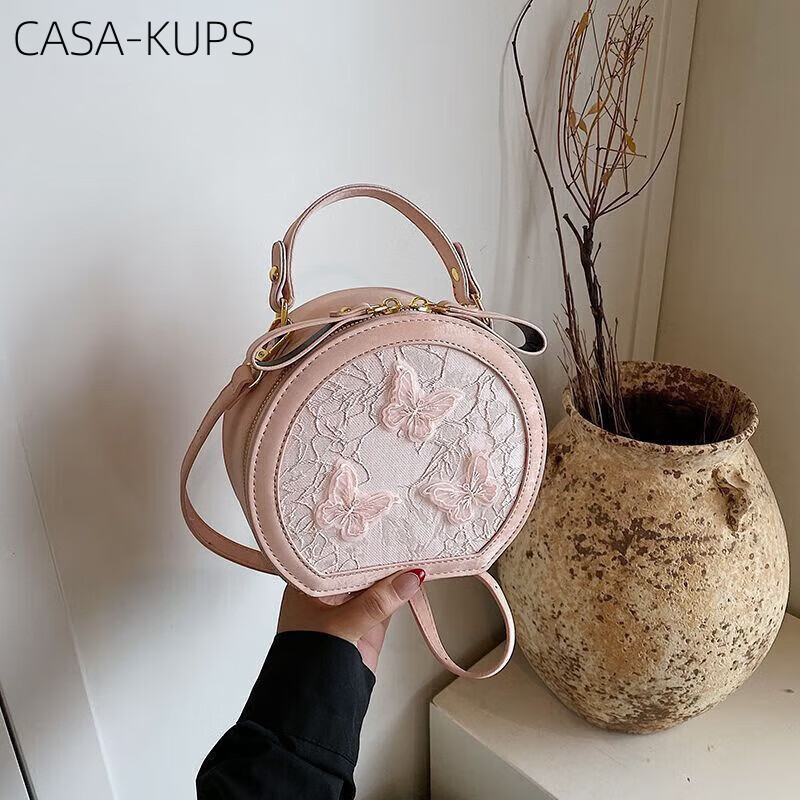 casa-kups小CK女包質(zhì)感洋氣手提包包女新款刺繡百搭單肩圓筒包時尚斜挎包 粉色