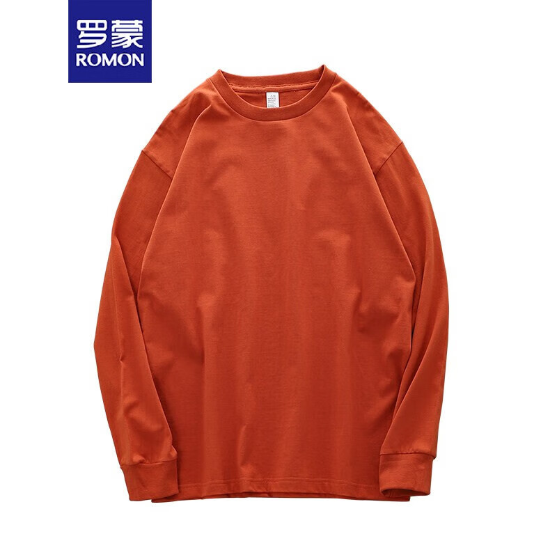 罗蒙（ROMON）260g重磅长袖t恤男纯棉厚实宽松纯色白色春秋卫衣日系圆领打底衫 砖红色 XS 80-100斤