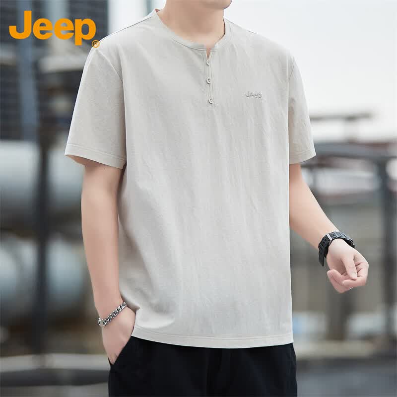 JEEP美国正品冰丝薄款短袖t恤男士夏季凉感亨利领潮流休闲半袖上衣服 杏色 短袖 【官方正品】 L 【推荐体重120-140斤】