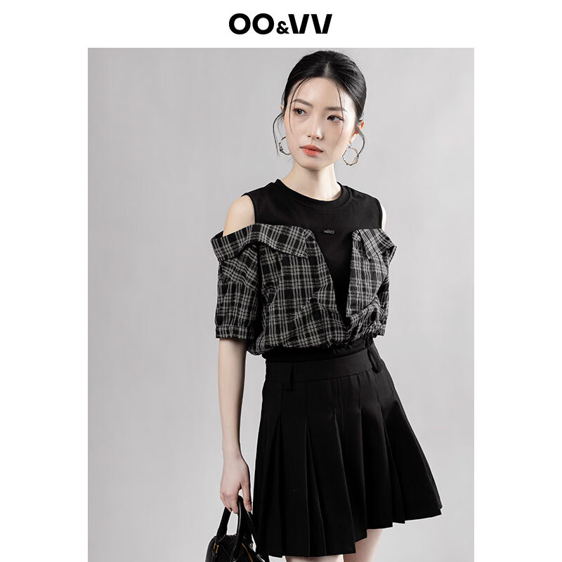 OO&VV设计感假两件格子短袖衬衫女2025夏季女装露肩显瘦小众上衣 黑色 L
