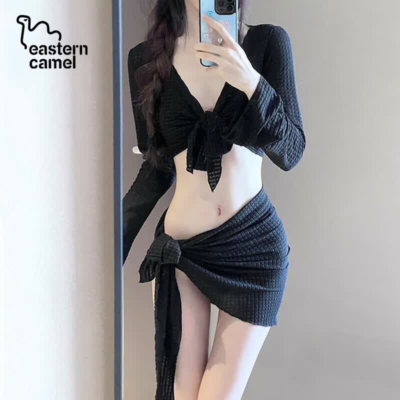 东方骆驼比基尼泳衣女2025新款四件套高级感白色性感分体泳衣三亚度假温泉 米白色 S 建议体重70-90斤