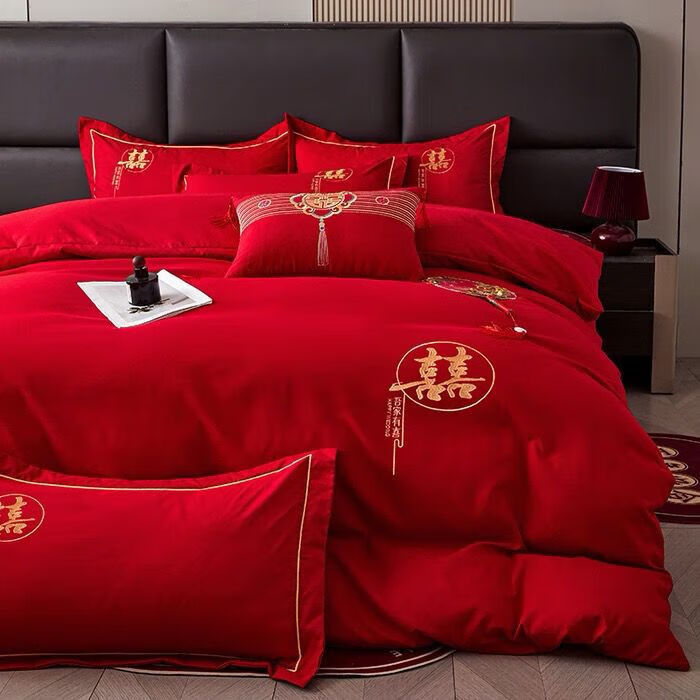 晋帛家纺婚庆四件套大红色喜被中式刺绣新婚婚房陪嫁礼床笠单床上 吾