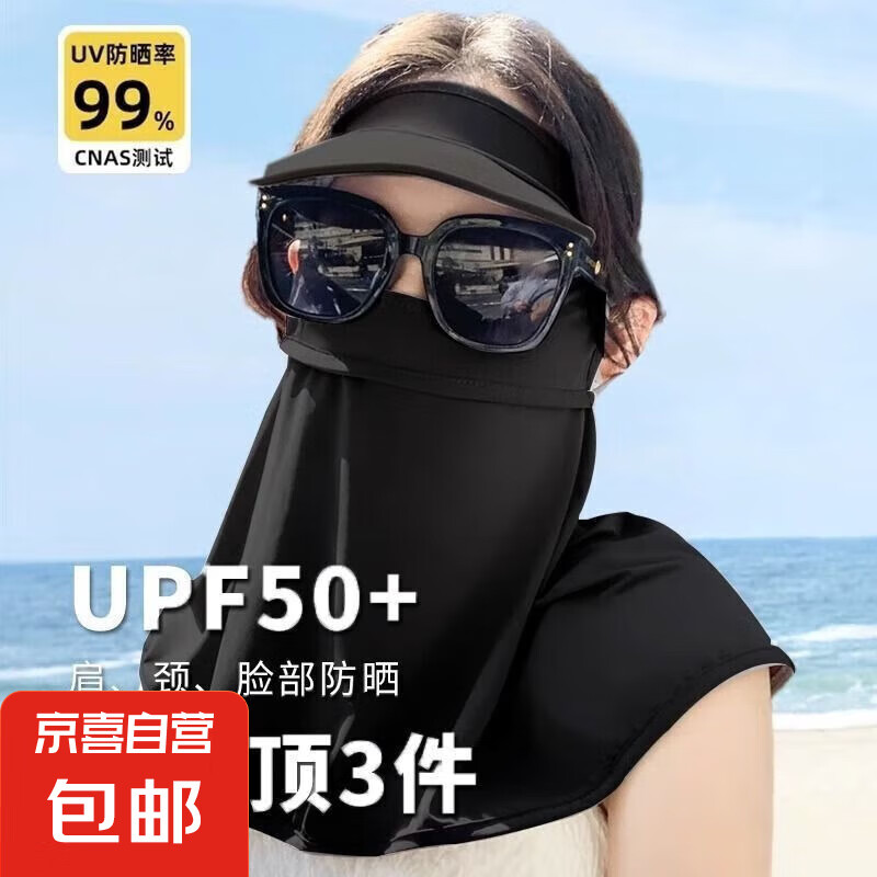 防晒面罩女全脸遮阳脸基尼口罩护颈一体帽子遮阳骑行冰丝护脸口罩 黑色【帽檐面罩护颈一体】
