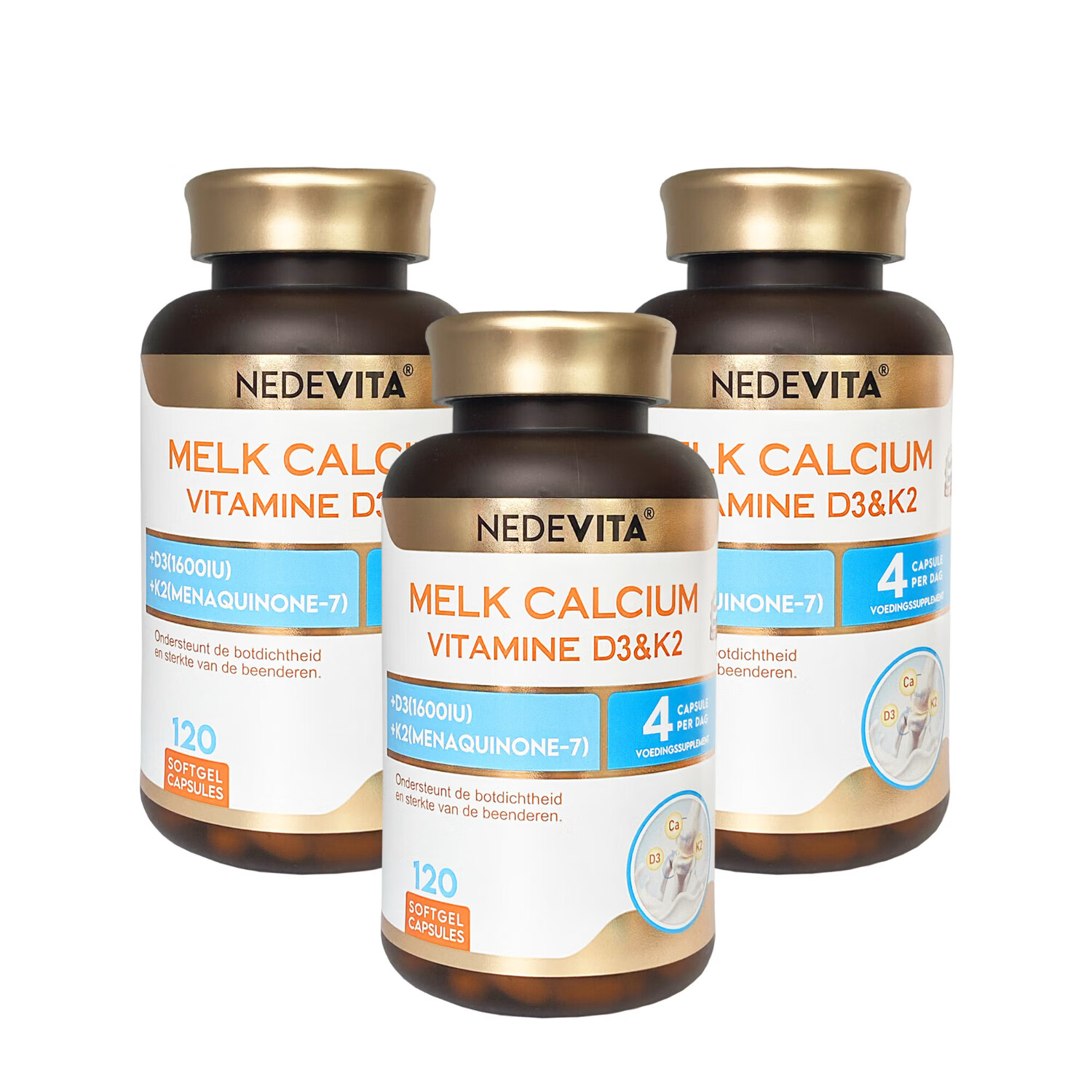 NEDEVITA尼特维他荷兰进口液体牛乳钙维生素K钙片胶囊中老年腰腿疼痛120片 三瓶装【特惠价】