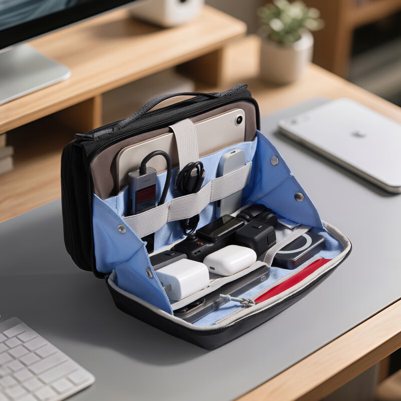 inateck四折叠火山收纳包数码配件数据线充电宝电源配件收纳袋桌面收纳袋 驰骋黑 带肩带