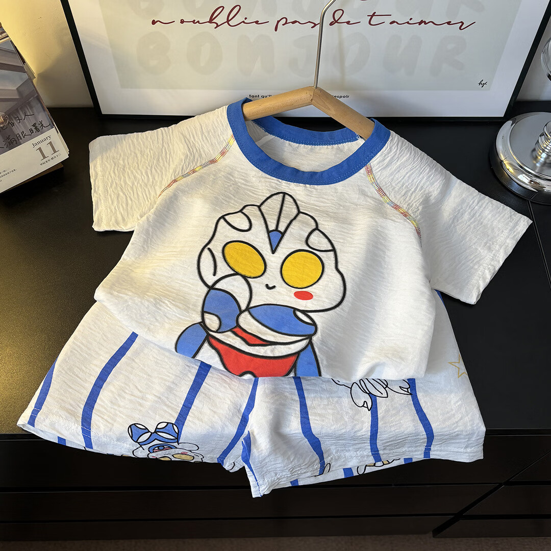 拥抱熊儿童夏季家居服套装男童拼色云朵棉睡衣女宝宝短袖短裤薄款 蓝色卡通 110 cm