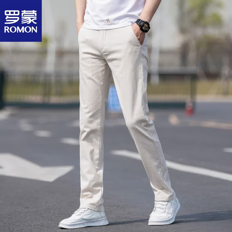 罗蒙（ROMON）直筒休闲裤男2026新款夏季薄款裤子男高端商务修身纯棉男裤 米白色 32