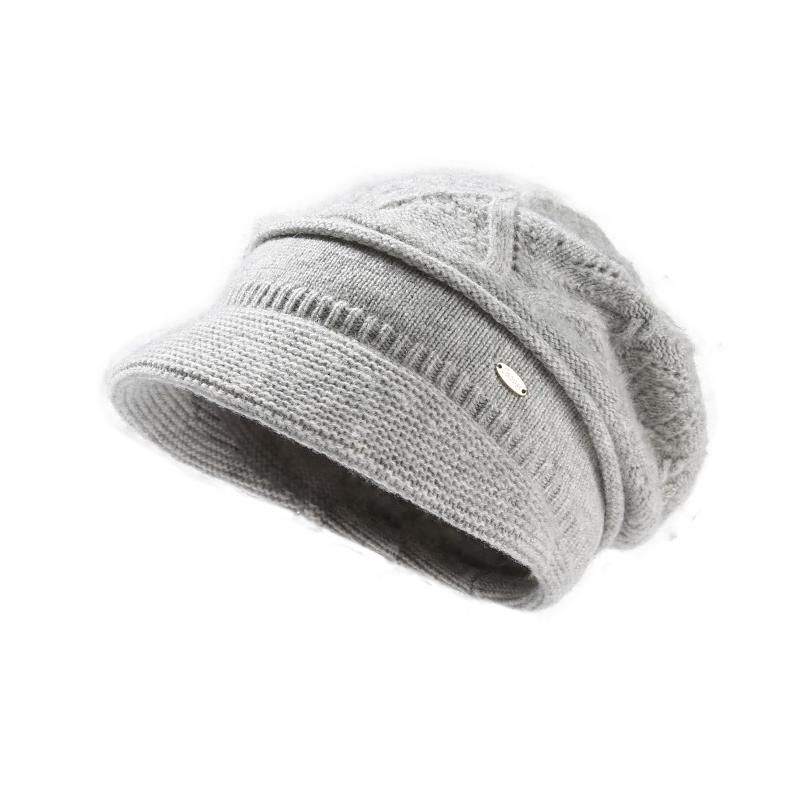 CACUSS純羊毛針織帽女冬季保暖毛線帽大頭圍顯臉小堆堆帽 云銀灰