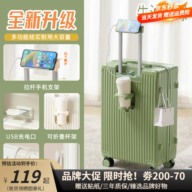 友胜保罗行李箱拉杆箱学生女旅行箱密码箱登机箱皮前开口行李箱大容量箱 牛油果绿 24英寸 【行李箱黄金尺寸】