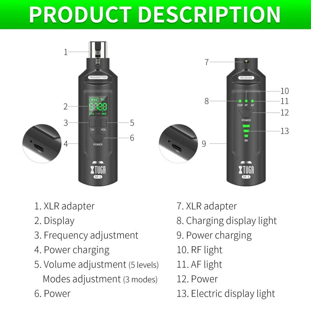XTUGASF-1有线转无线话筒收发器U段可调频用于动圈电容麦克风无线手雷