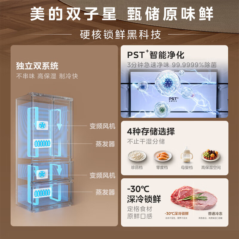 美的(Midea)M60系列541十字四开门双开门双系统纯平全嵌pst+一级能效净味除菌底部散热风冷无霜家用智能大冰箱 【双系统pst+】541WUSPZE海贝黛
