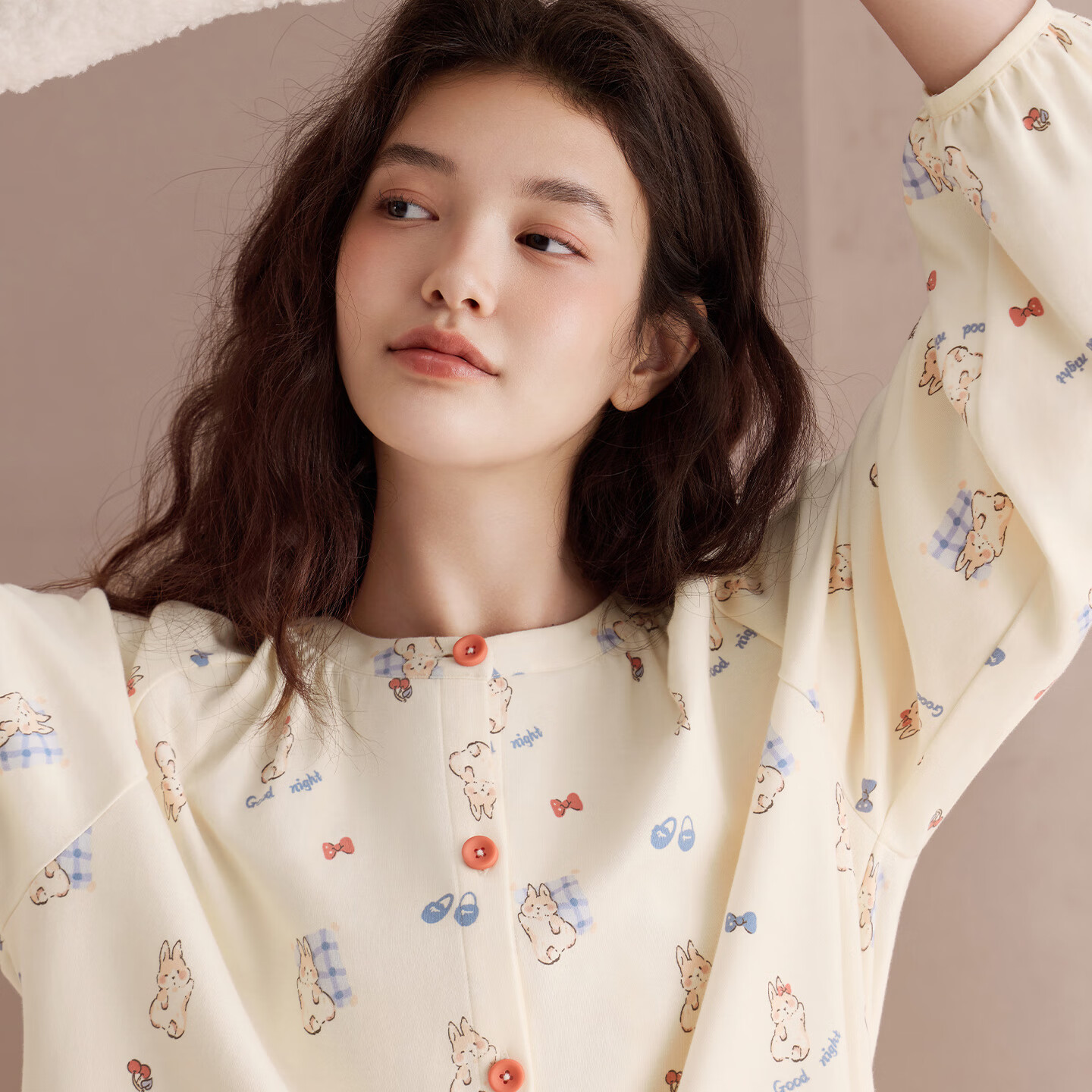 红豆（Hodo）【柔柔棉】纯棉睡衣女长袖可爱印花秋新款全棉透气外穿家居服套装 米色 L (165)