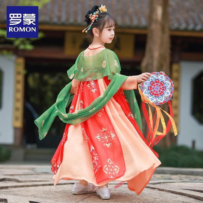 罗蒙儿童中国风原创齐胸襦裙2026款唐装女童汉服夏季毕业演出服 HQ1115 红色襦裙 100