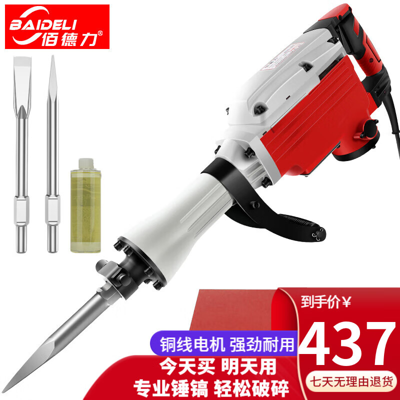 佰德力大功率单用电锤电镐65 95电镐拆混凝土马路工程地面墙面破碎拆除 65电镐3200W+尖扁镐头+机油