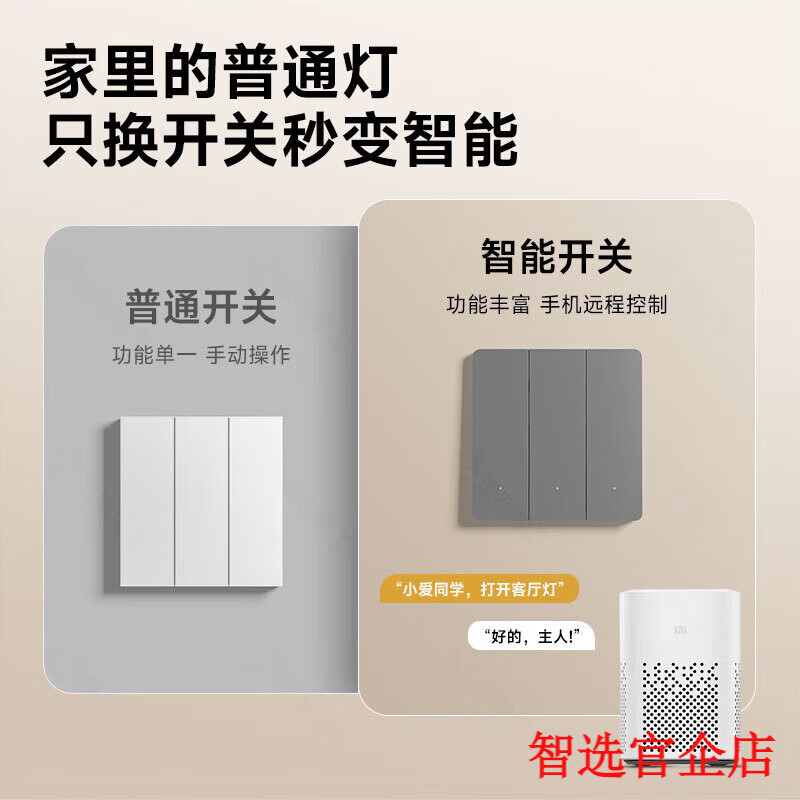 小米(MI)已接入米家APP智能控制面板支持小爱同学控制无线远程控制开关 一开零火版【需零线】灰色
