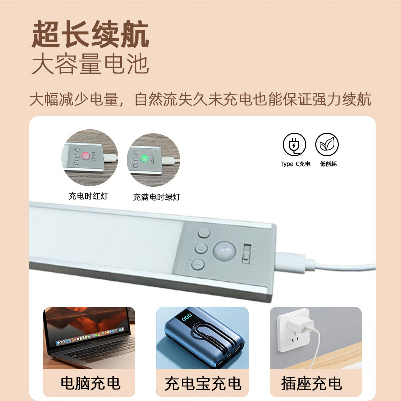 智特 智能人体感应灯家用led衣柜灯无线免线充电厨房橱柜酒柜小夜灯 升级款40厘米【感应+时间+三色】