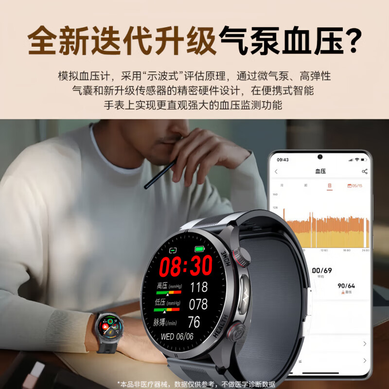 HKVW鸿蒙智能手表血糖血压监测手表测心率血氧血脂尿酸睡眠一体机健康手表手环通话智能健康 轻奢黑 全自动气泵血压测量 实时动态监测-升级精准度-蓝牙通话-血糖尿酸血脂