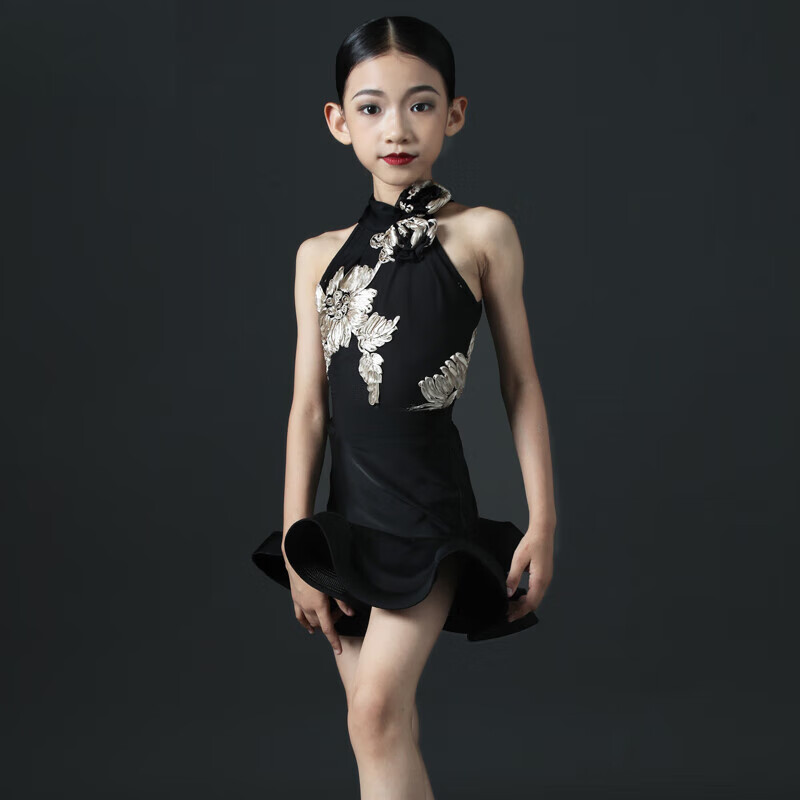 喆湘演出服FZ夏少儿网红舞蹈练习练功服装女童拉丁舞蹈儿童表演训练 黑色印花鱼尾裙 分体套装 140 cm