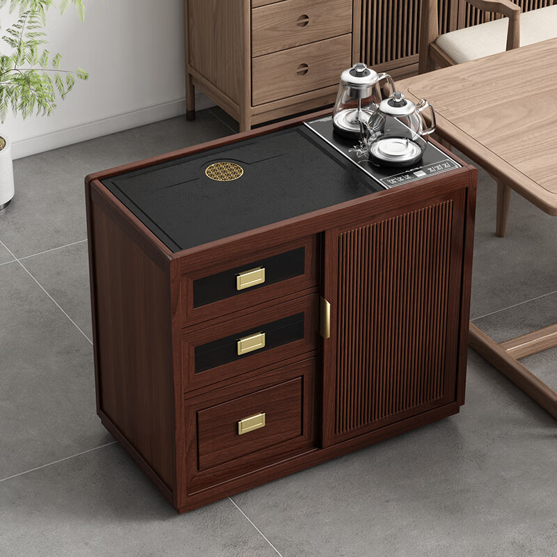 企豐移動(dòng)小茶桌家用茶臺(tái)實(shí)木茶車燒水壺一體茶水柜帶輪茶邊幾功夫茶盤 A1整裝+胡桃木三抽茶柜+活動(dòng)蓋板