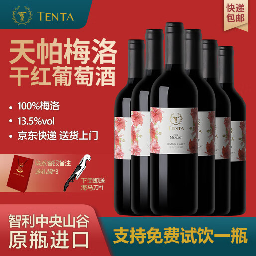 天帕智利中央山谷原瓶进口花标梅洛干红葡萄酒750ml整箱中秋送礼 京东折扣/优惠券