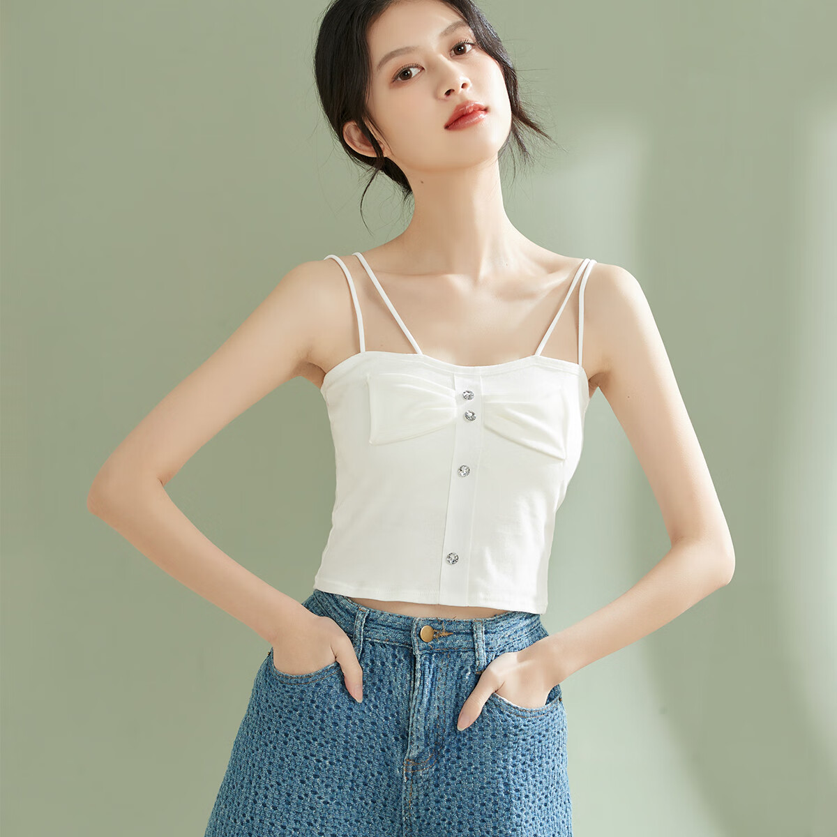 BYFORD百富夏季款纯色纽扣吊带背心女内搭外穿无袖带胸垫打底上衣BF0732 白色 均码