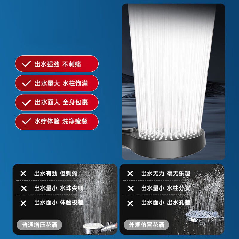 增压淋浴花洒喷头全铜洗澡家用大出水量大面板洗澡手持喷淋蓬 摩登黑大面板三档大水量 单花洒