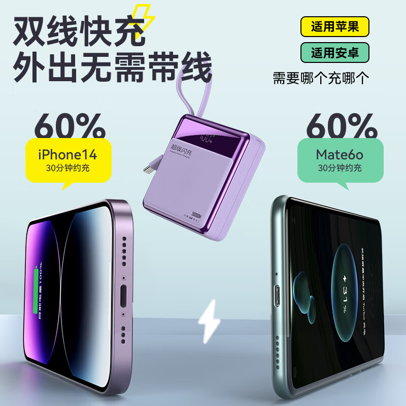 IMF 直营【国家3C认证|可上飞机高铁】超级快充充电宝大容量便携自带线移动电源适用苹果20000毫安 顶配版鸢尾紫:超级快充+欧盟电芯 【3C认证/当日次日达】推荐顶配版|可上飞机