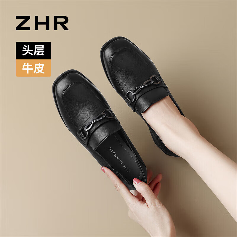 ZHR头层牛皮乐福鞋女复古通勤粗跟皮鞋女气质方头单鞋女 KL03 黑色36