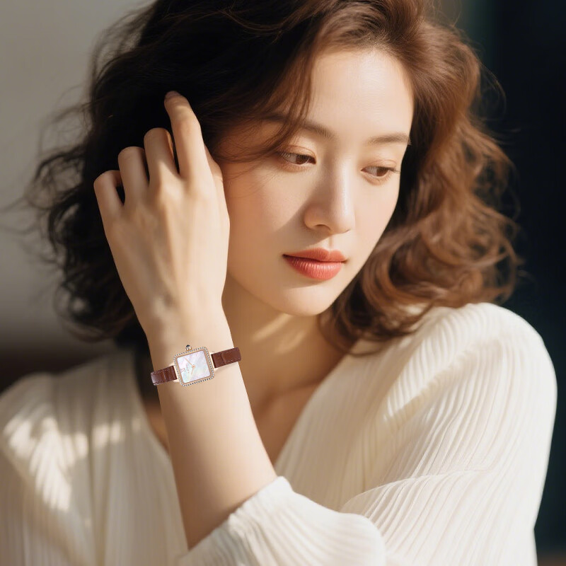 TELENSOSU 力梭品牌女士手表轻奢小众高级感小方表防水新款石英腕表生日礼物 【复古小棕表】贝母白-小方表 礼物高档