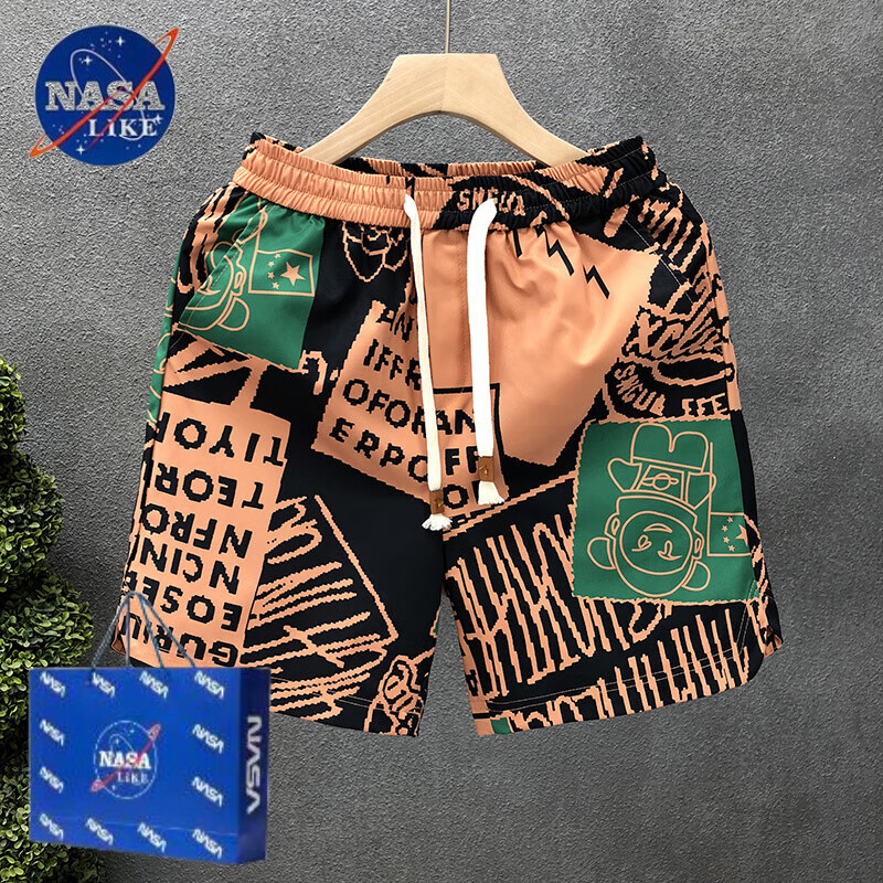 NASALIKE潮牌印花短褲男夏季涼感沙灘褲寬松直筒休閑五分褲 咖色 M