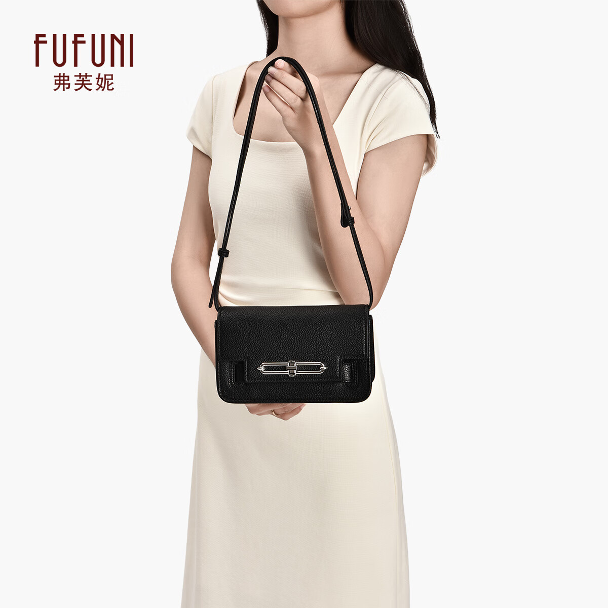 FUFUNI弗芙妮教师节礼物现货速发2025新款真皮女包百搭通勤包单肩斜挎包手提包 黑色-赠精美挂饰