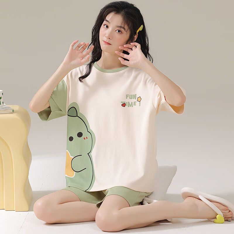 【优选直发】少女短袖短裤圆领睡衣学生卡通宿舍套装夏季可外穿女 云朵星星不带胸垫 M 女