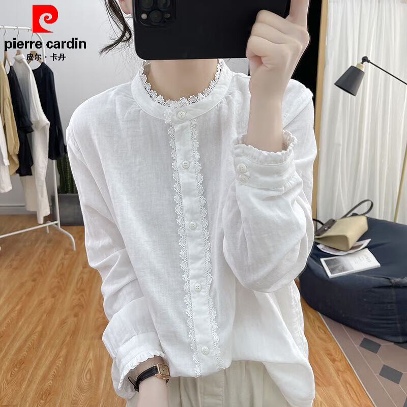 皮尔卡丹(pierre cardin)荷叶袖长袖衬衫女蕾丝拼接上衣2025春夏季宽松复古立领打底衬衣 白色 XXS