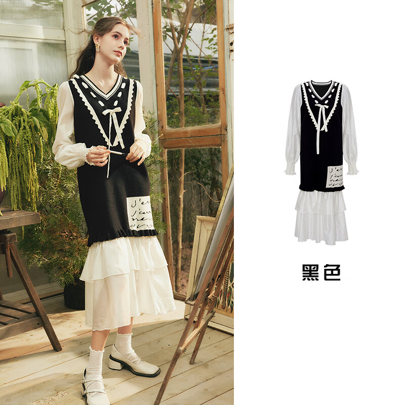 兩三事黑色連衣裙女初春新款小眾法式小個(gè)子針織拼接裙子夢(mèng)核收集 黑色1 S
